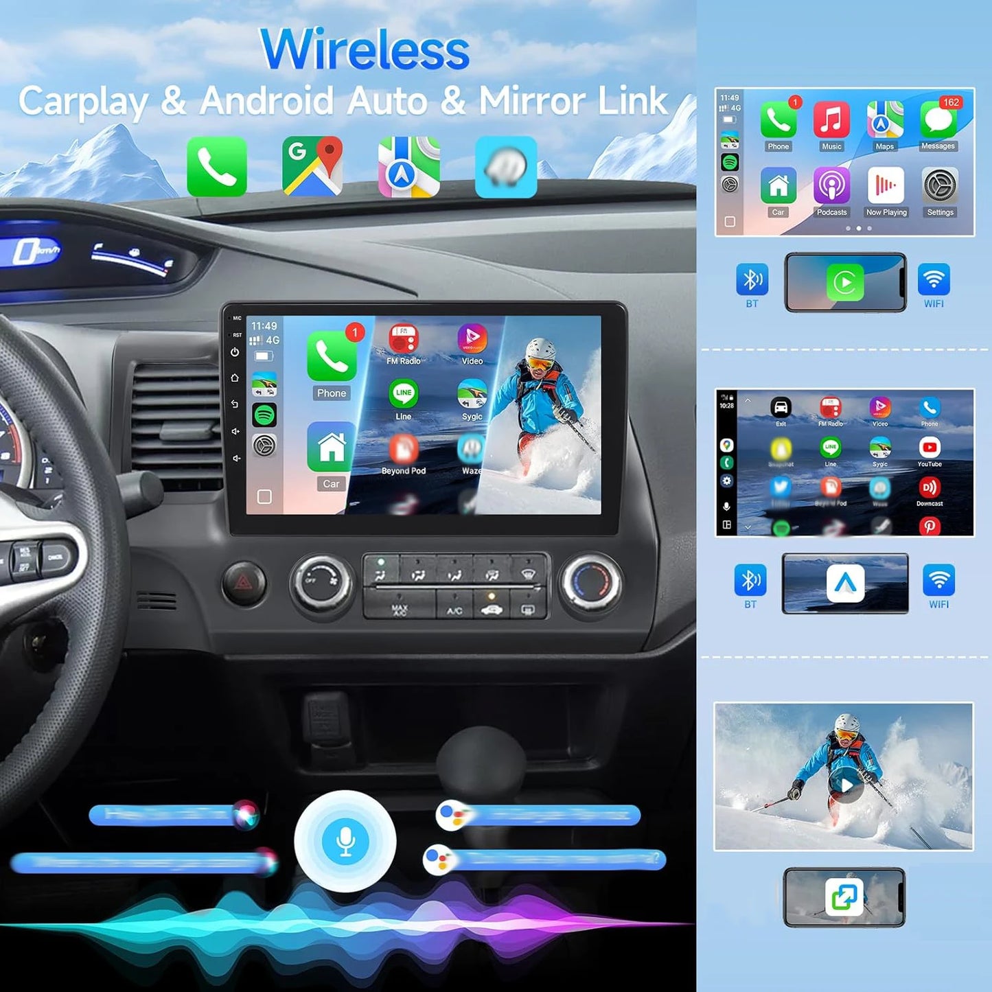 8 Core 4G+64G Car Radio for Honda Civic 2006-2011 Stereo with Wireless Carplay Android Auto, 10.1'' Touchscreen for Honda Civic GPS Navigation Bluetooth WiFi SWC Rear Camera Split Screen