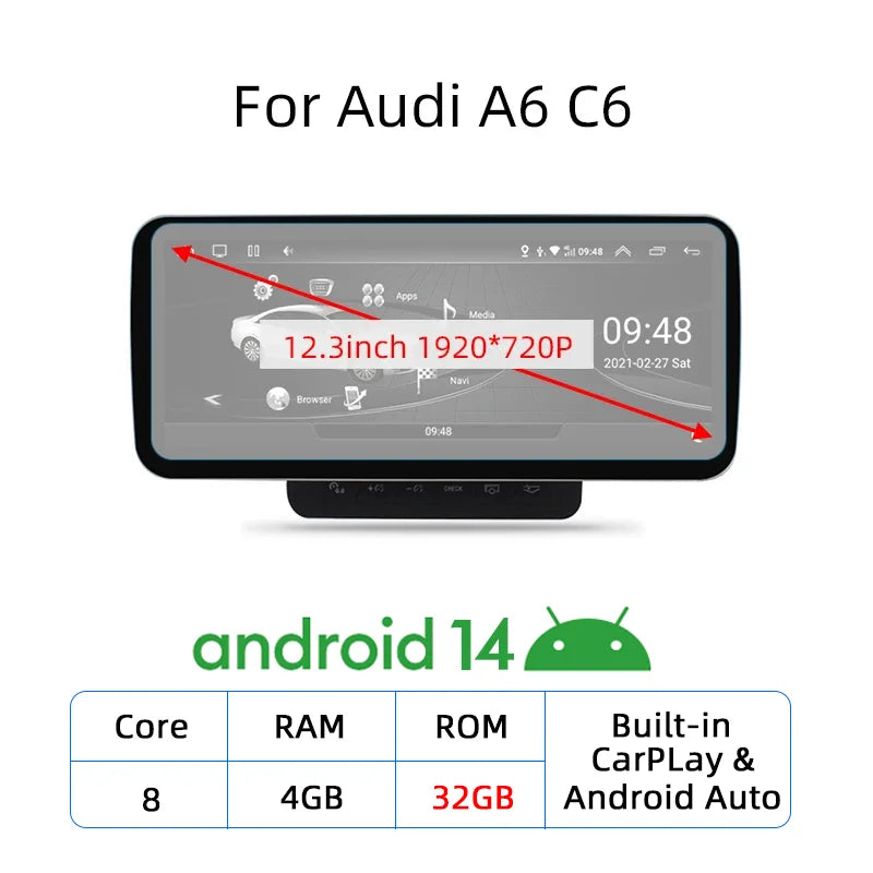 Nunoo Android 14 CarPlay Car Radio Player For Audi A4 A5 A6 Q7 MMI 2G Basic Red Screen GPS Navi Multimedia Stereo WiFi