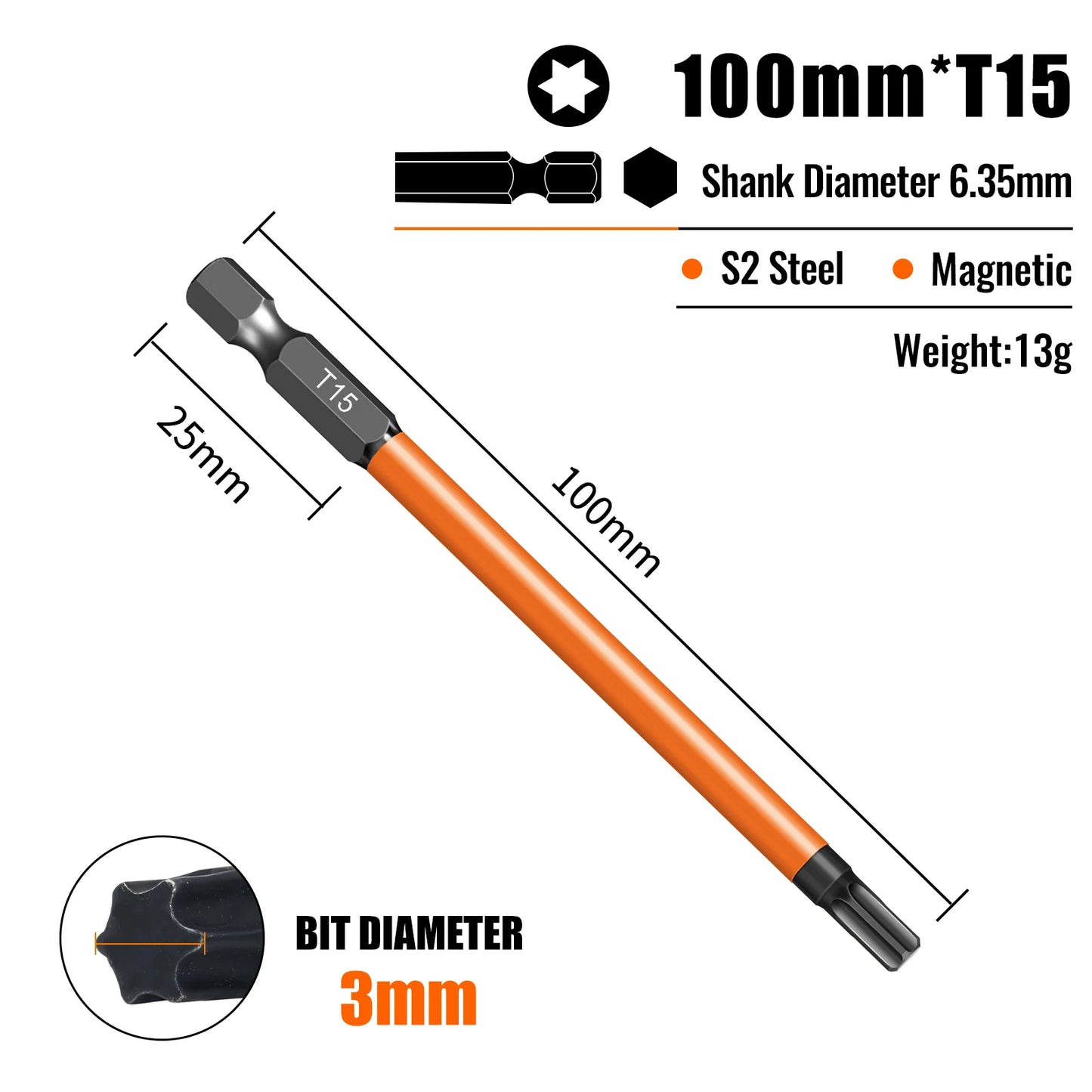 Torx Screwdriver Bits Set Individual Bits T5-T40 75/100/150mm Lengths Strong Magnetism High Hardness S2 Alloy Steel 1/4Hex Shank