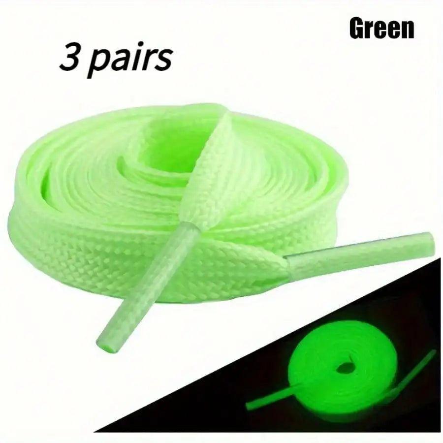 3 Pairs of Green/white Luminous Shoelaces, Suitable for Basketball Shoes, Casual Shoes, Solid Color Flat Fluorescent Design