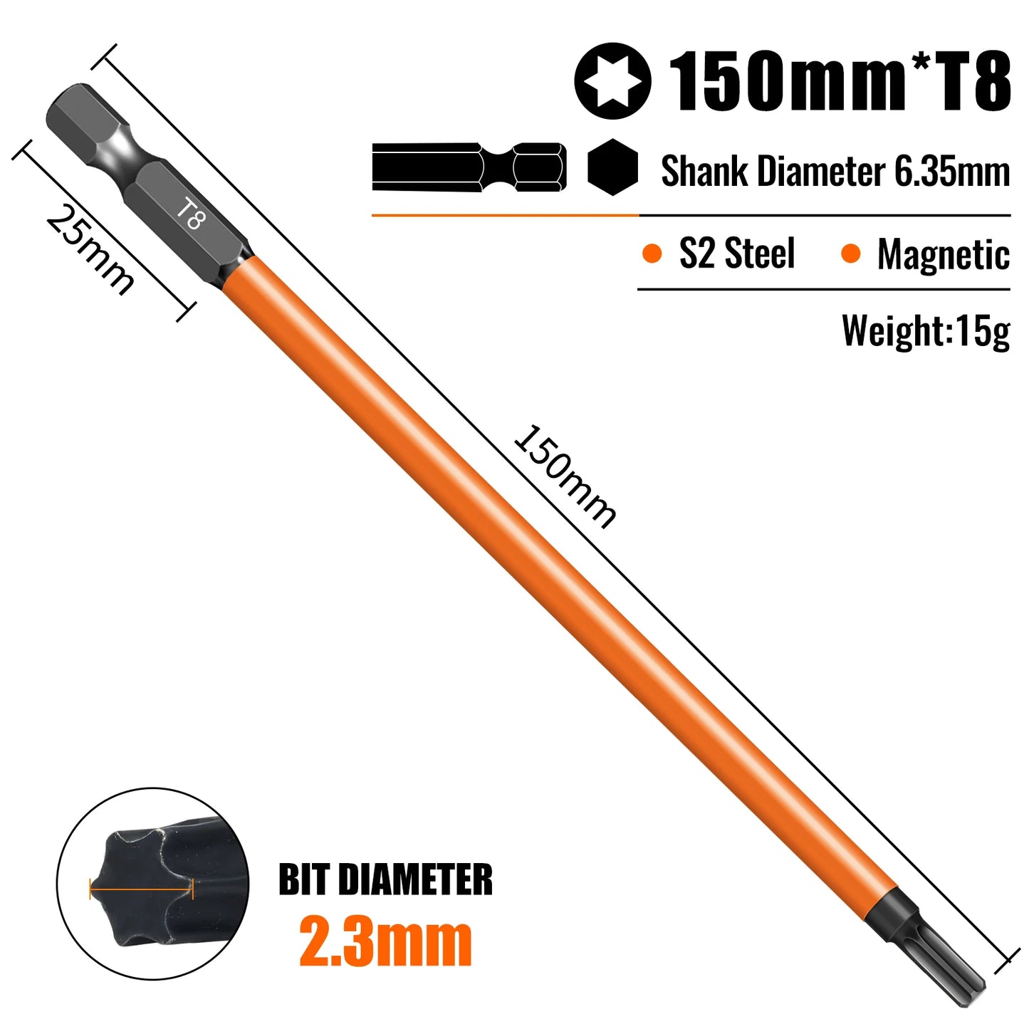 Torx Screwdriver Bits Set Individual Bits T5-T40 75/100/150mm Lengths Strong Magnetism High Hardness S2 Alloy Steel 1/4Hex Shank