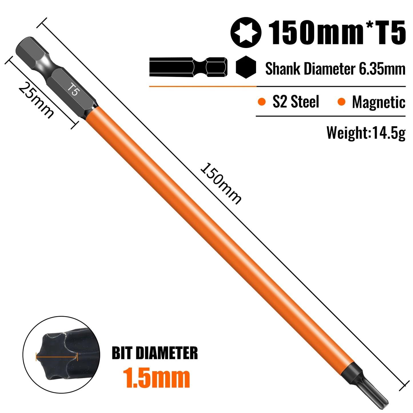 Torx Screwdriver Bits Set Individual Bits T5-T40 75/100/150mm Lengths Strong Magnetism High Hardness S2 Alloy Steel 1/4Hex Shank