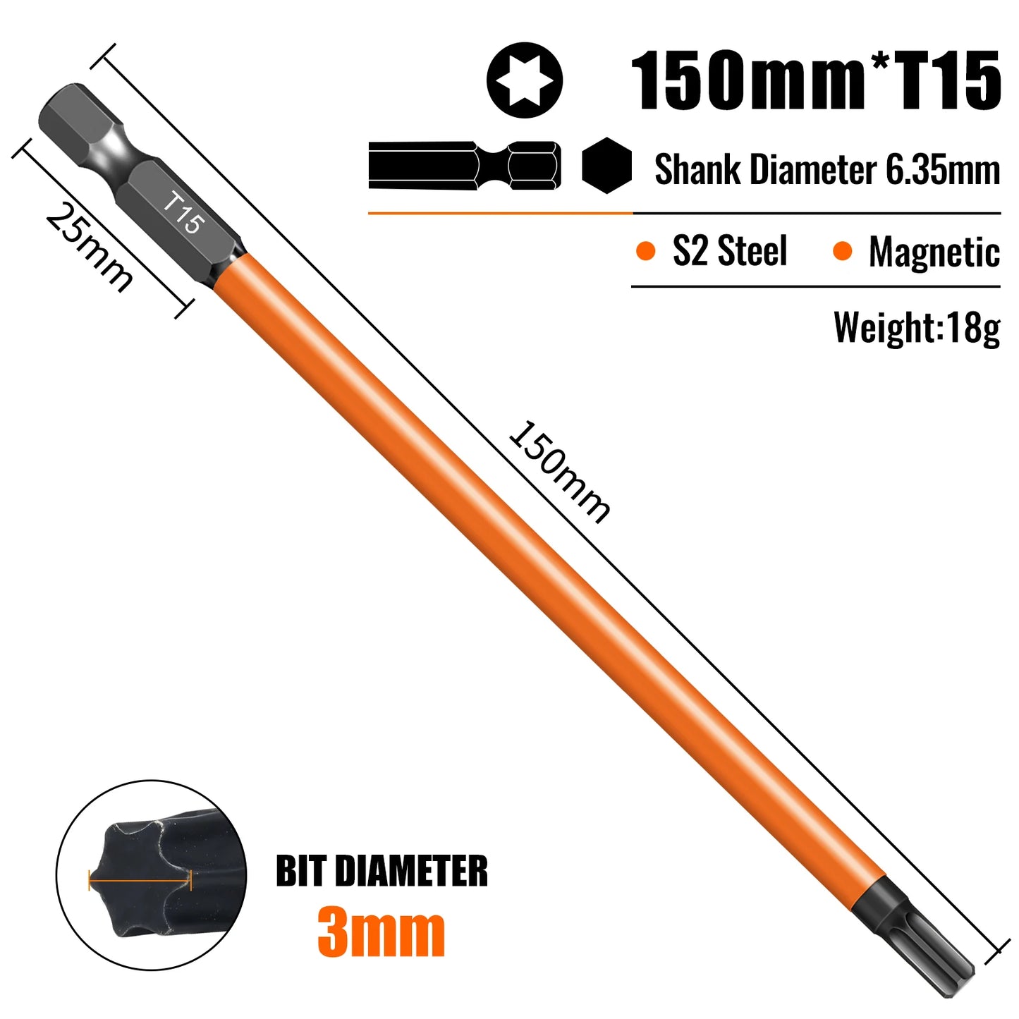 Torx Screwdriver Bits Set Individual Bits T5-T40 75/100/150mm Lengths Strong Magnetism High Hardness S2 Alloy Steel 1/4Hex Shank