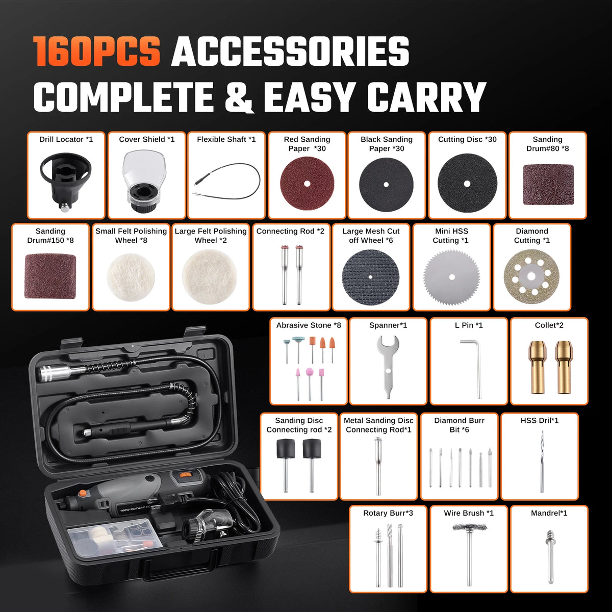 Rotary Tool Kit with Flex Shaft & 160 Accessories, Corded