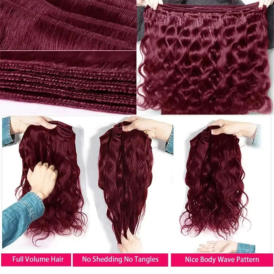 30 Inch Burgundy 99J Body Wave Bundles Colored Wine Human Hair Bundles With Closure Brazilian Remy Virgin Hair Weave Extensions