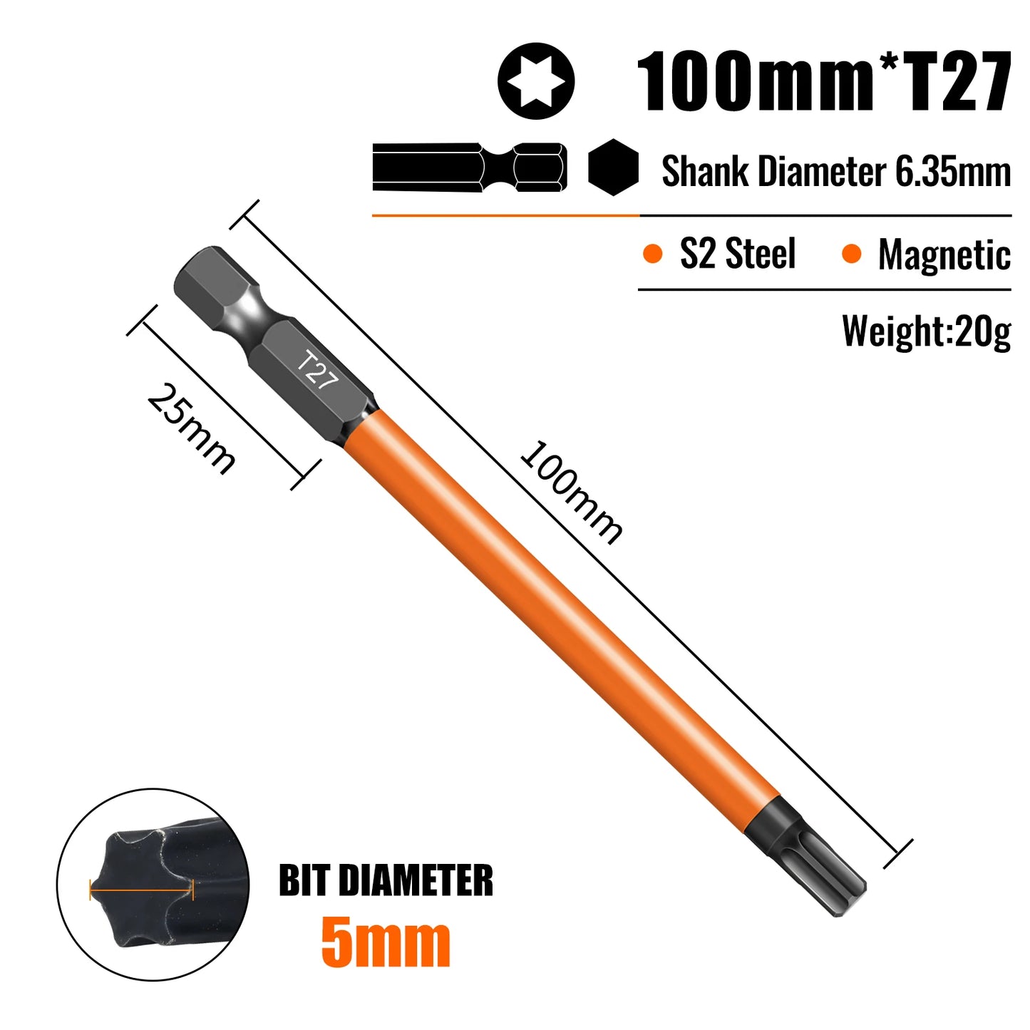 Torx Screwdriver Bits Set Individual Bits T5-T40 75/100/150mm Lengths Strong Magnetism High Hardness S2 Alloy Steel 1/4Hex Shank