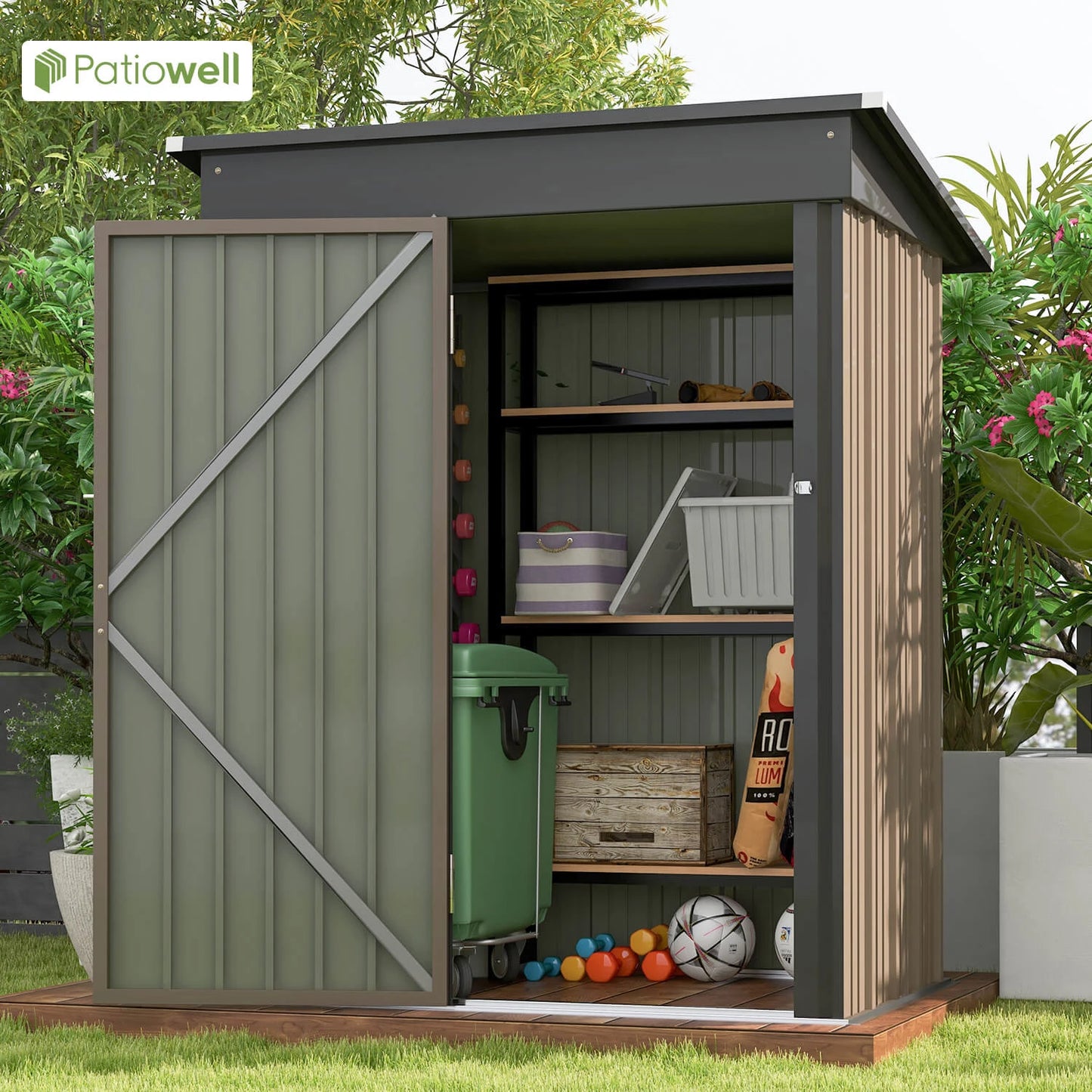 Patiowell 5x3 ft Outdoor Storage Shed – Lockable Metal Tool Shed with Sloping Roof for Backyard