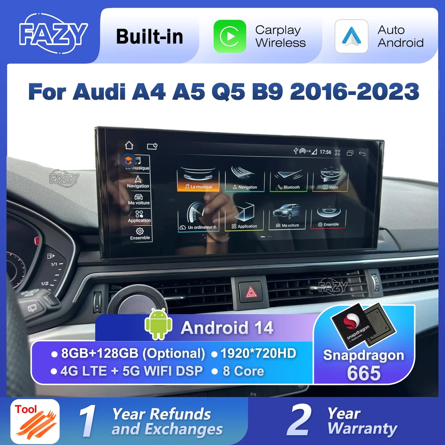 12.3" Car Stereo with Apple CarPlay & Android Auto, Compatible with Audi A4 A5 Q5 B9 (2016-2023)