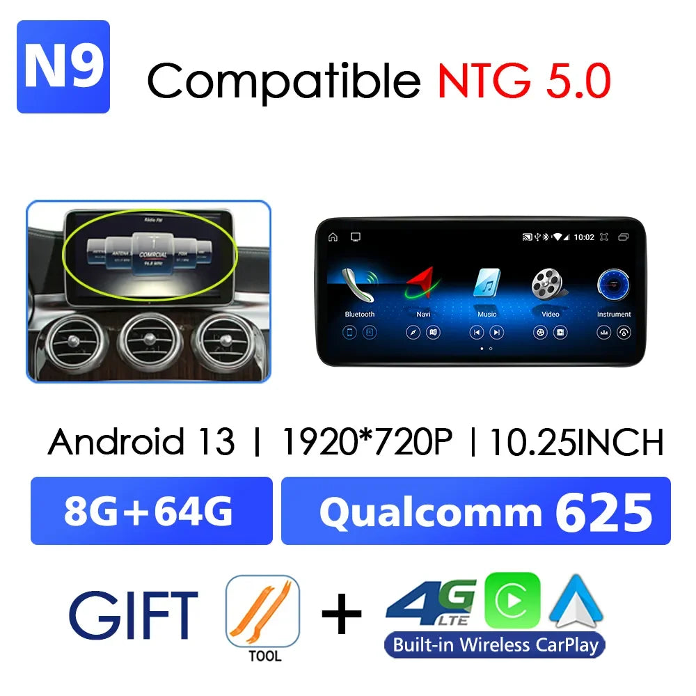 Android 14 Wireless CarPlay For Mercedes Benz C Class W205 Screen Android Auto Multimedia Navigation GPS SWC DSP 4G WiFi