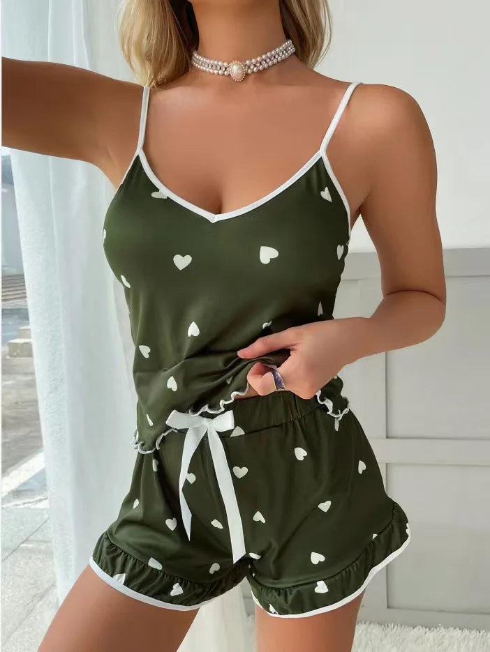 2026 Summer Pajama Set Large Size Vest Shorts Women's Suspenders Soft Casual Cute Printed Women pajamas set