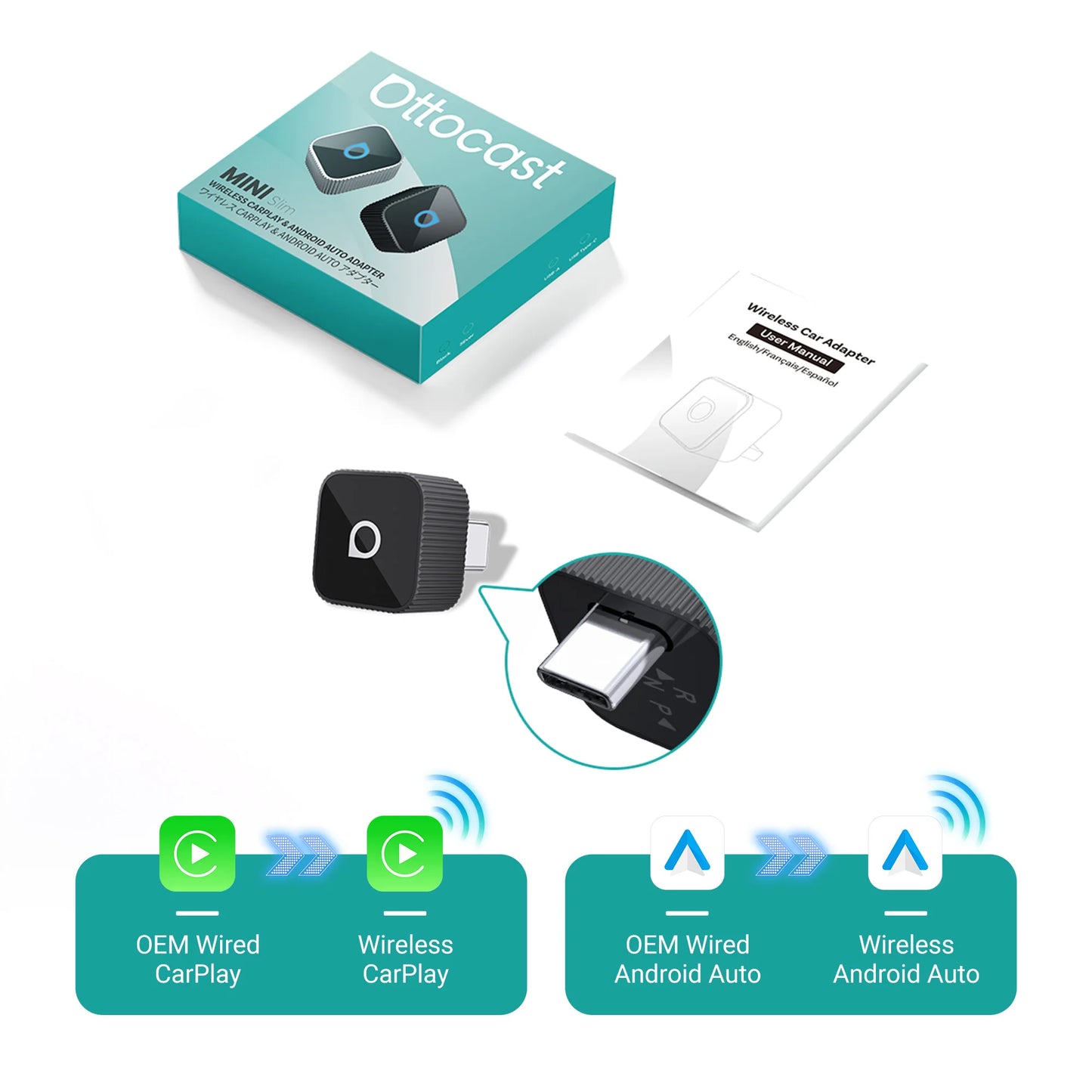 OTTOCAST MINI Slim Wireless CarPlay Android Auto Adapter 2 in 1 USB Dongle Car Accessories for VW Toyota Hyundai Kia Chevrolet
