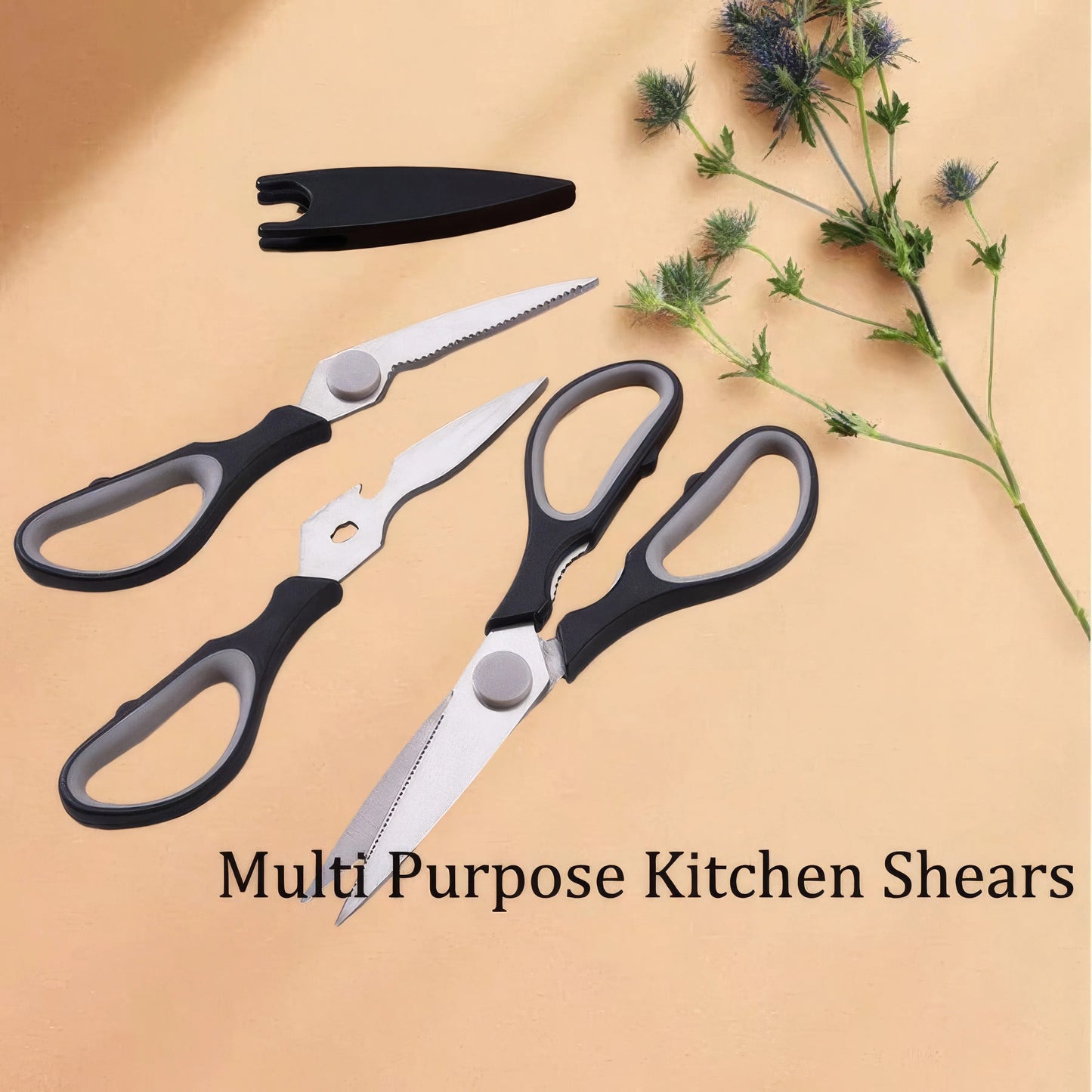 1/2 Multifunctional Kitchen Scissors in Black with Anti Slip Ergonomic Handle, Suitable for Fish and Barbecue Bones