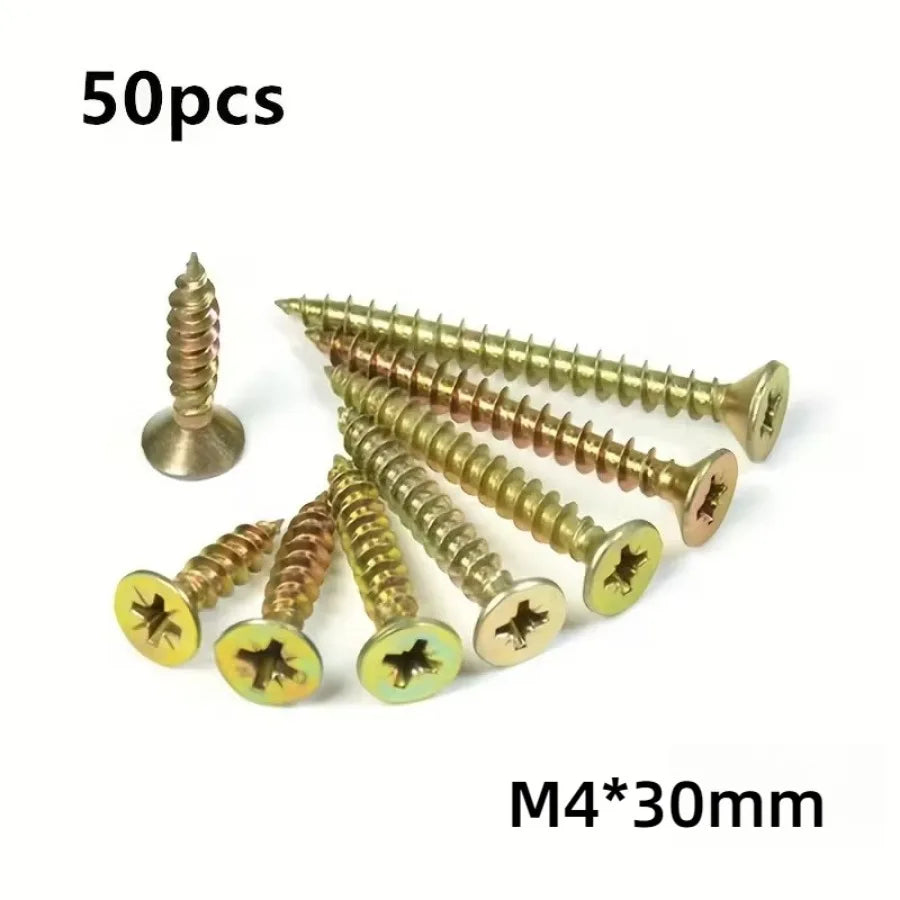 50/100 Self Tapping Screws in Golden Yellow, with A Flat Head Design, Suitable for Fences, Decks, and Wooden Stakes