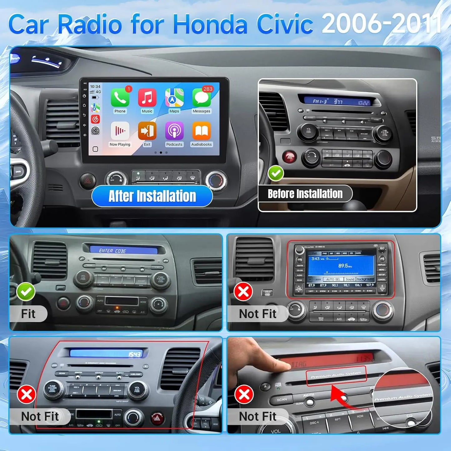 8 Core 4G+64G Car Radio for Honda Civic 2006-2011 Stereo with Wireless Carplay Android Auto, 10.1'' Touchscreen for Honda Civic GPS Navigation Bluetooth WiFi SWC Rear Camera Split Screen