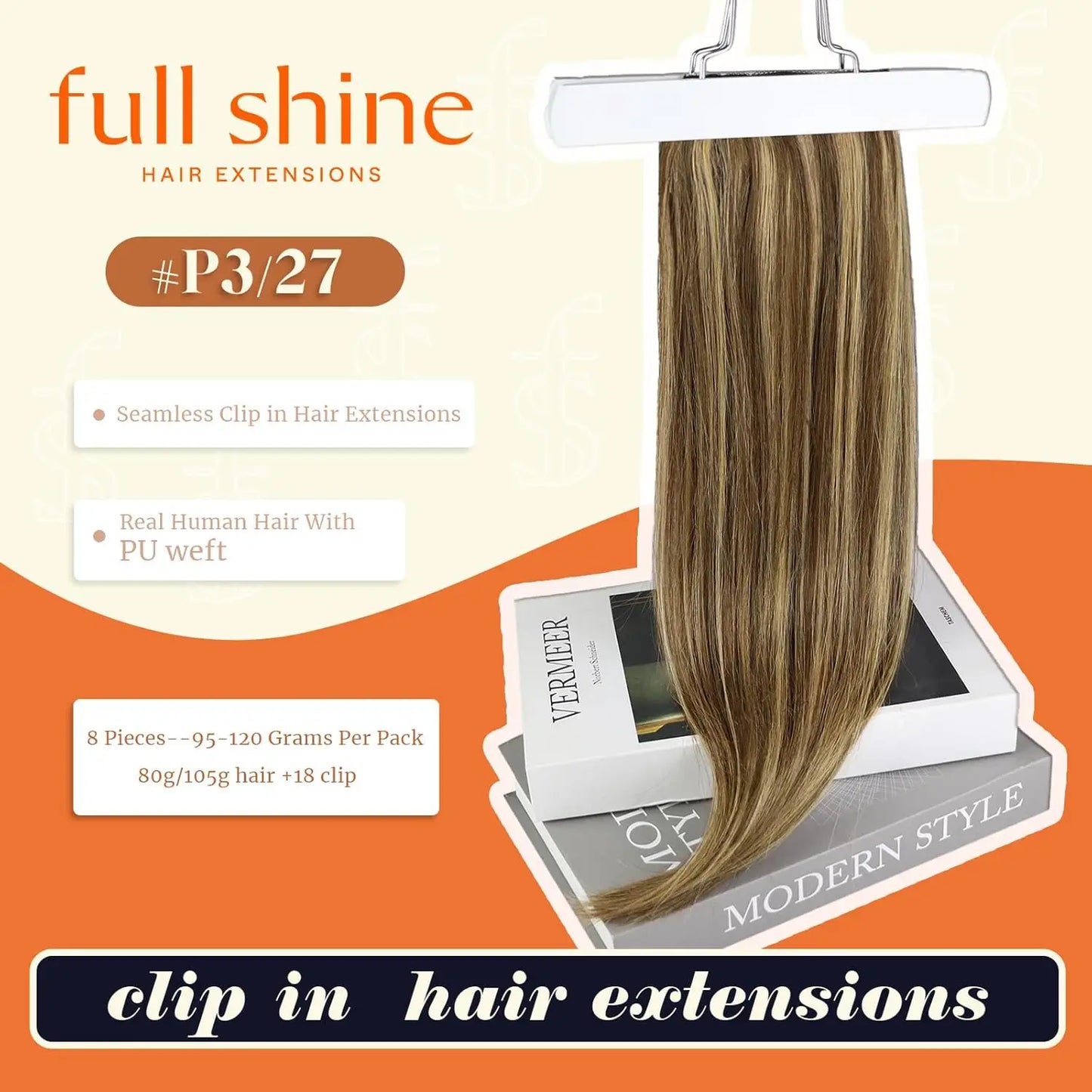 Full Shine Seamless Clip in Hair Extensions Remy Human Hair 8Pcs 120g & 80g Clip In Hair Extensions Human Hair Blonde Skin Weft