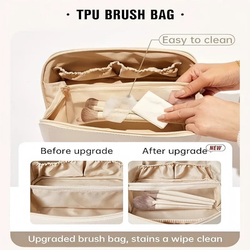 Large Capacity Waterproof Makeup Bag White Portable Spacious Organizer with Compartments Travel Cosmetic Pouch with Handle And Divider
