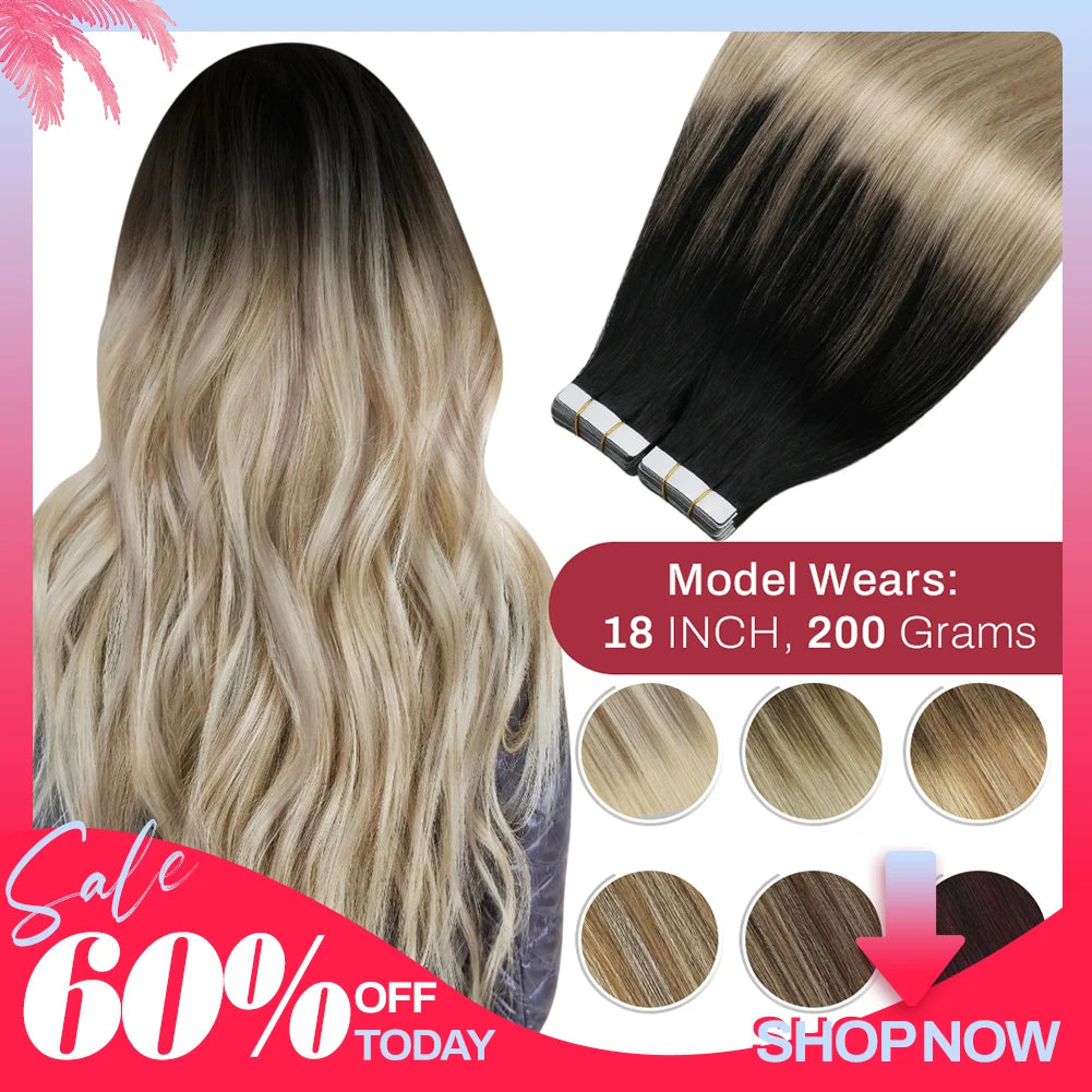 Moresoo Tape in Human Hair Extensions Balayage Blonde Hair Remy Hair Natural Soft Skin Weft Straight Seamless Hair Tape in Hair