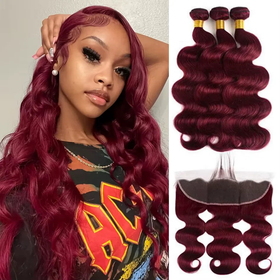 30 Inch Burgundy 99J Body Wave Bundles Colored Wine Human Hair Bundles With Closure Brazilian Remy Virgin Hair Weave Extensions