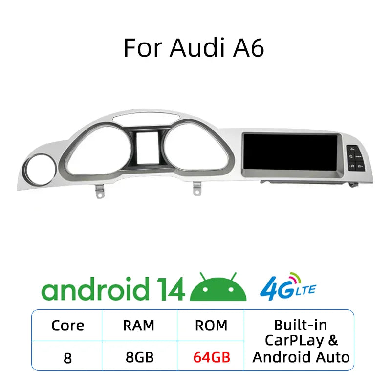 Nunoo Android 14 CarPlay Car Radio Player For Audi A4 A5 A6 Q7 MMI 2G Basic Red Screen GPS Navi Multimedia Stereo WiFi