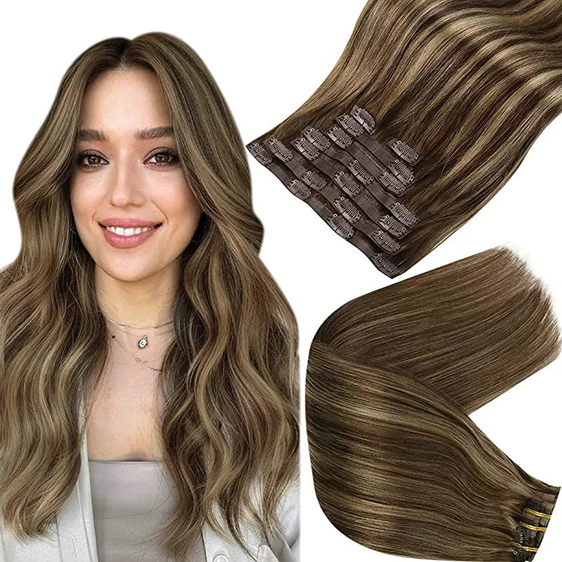 Full Shine Seamless Clip in Human Hair Extensions 8Pcs 100g&80g Pure Color Blond Hair Pu Clip on Remy Extension Skin Weft