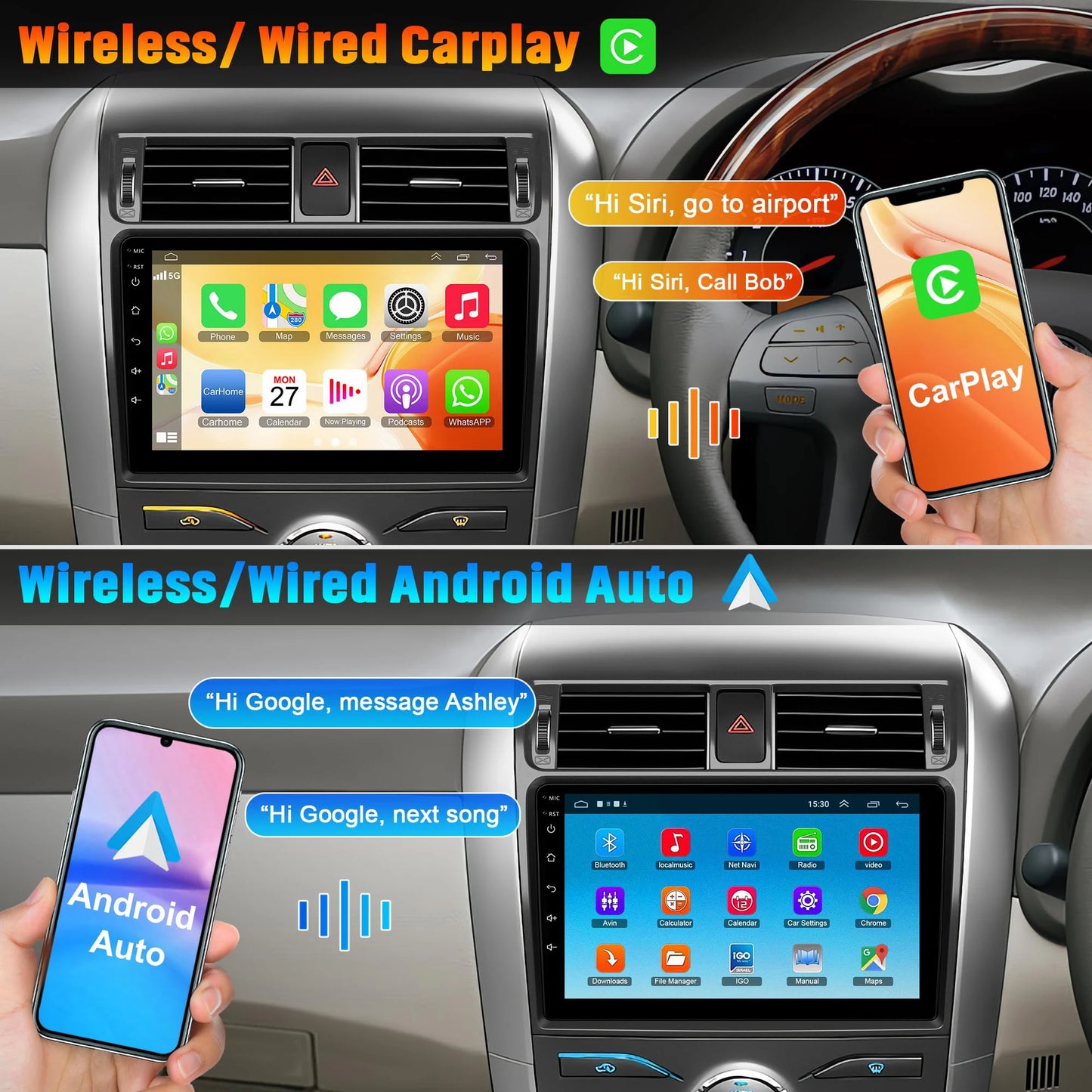 9" Car Stereo with Apple CarPlay & Android Auto, Compatible with Toyota Corolla (2009-2013)