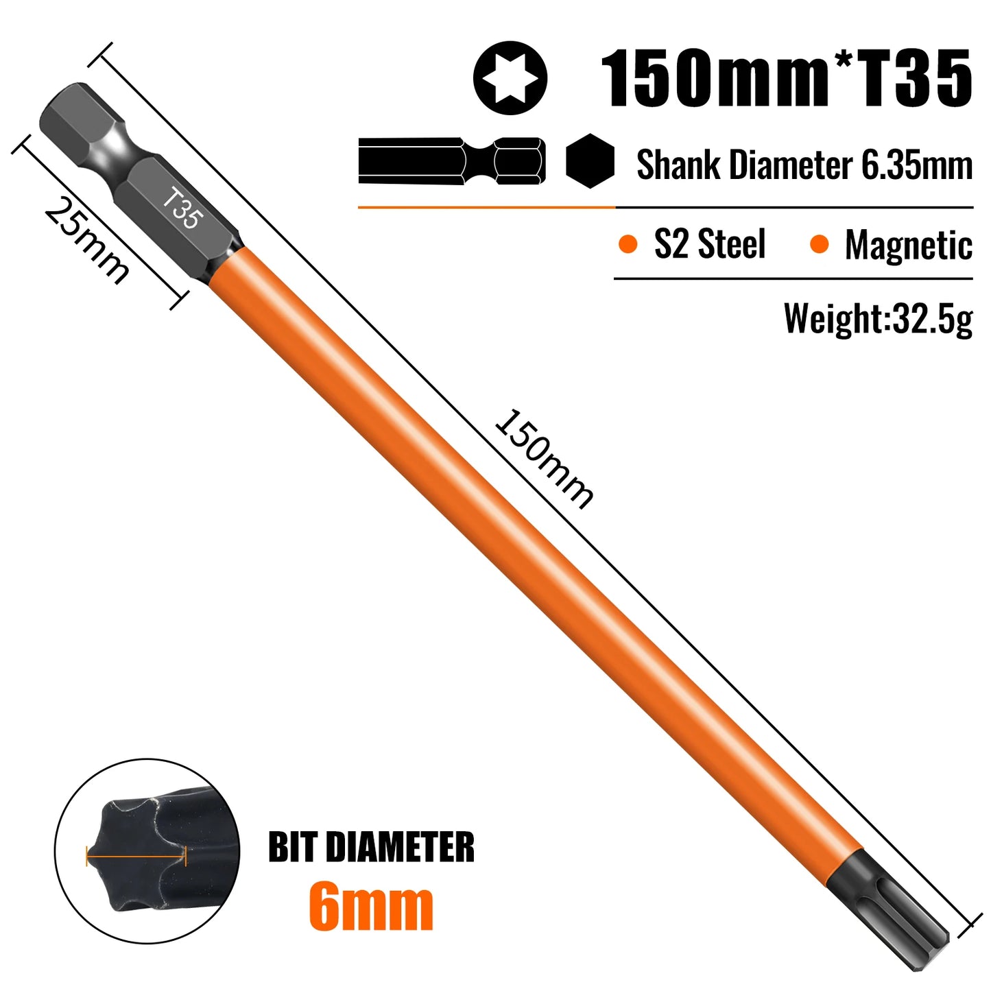 Torx Screwdriver Bits Set Individual Bits T5-T40 75/100/150mm Lengths Strong Magnetism High Hardness S2 Alloy Steel 1/4Hex Shank