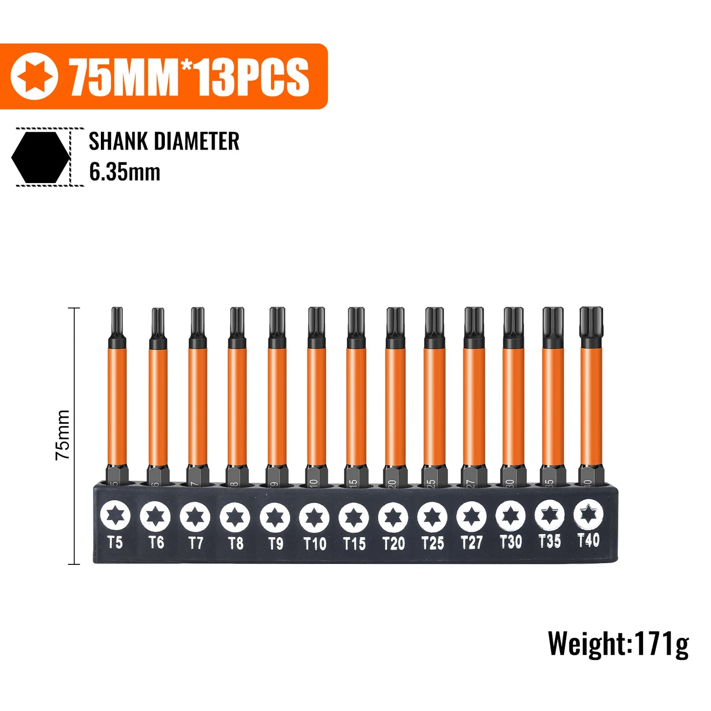 Torx Screwdriver Bits Set Individual Bits T5-T40 75/100/150mm Lengths Strong Magnetism High Hardness S2 Alloy Steel 1/4Hex Shank