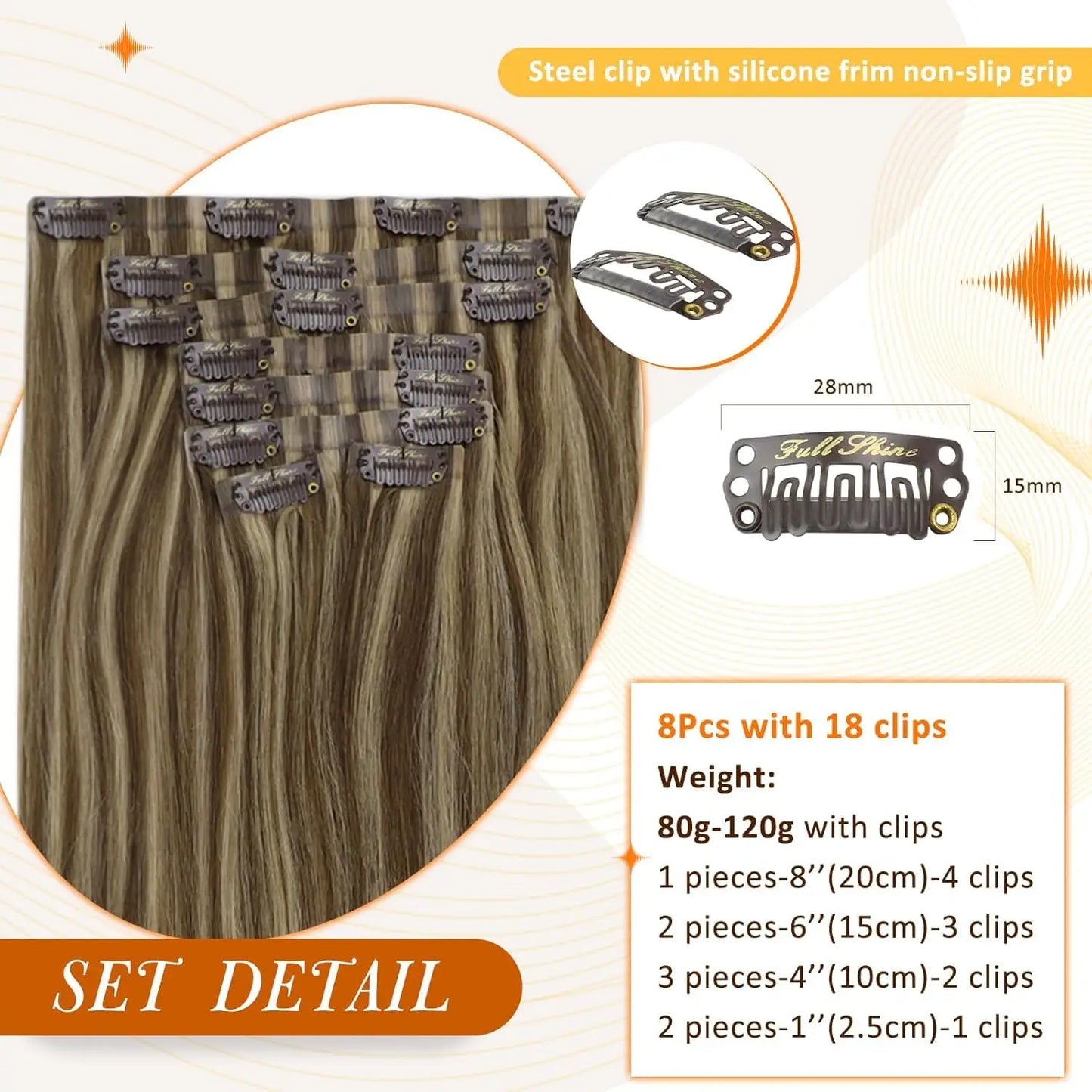 Full Shine Seamless Clip in Hair Extensions Remy Human Hair 8Pcs 120g & 80g Clip In Hair Extensions Human Hair Blonde Skin Weft