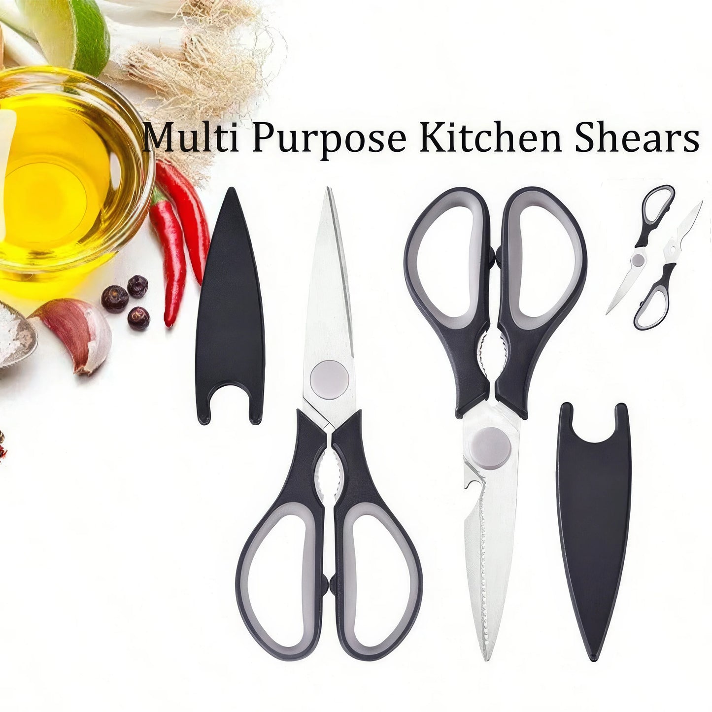 1/2 Multifunctional Kitchen Scissors in Black with Anti Slip Ergonomic Handle, Suitable for Fish and Barbecue Bones
