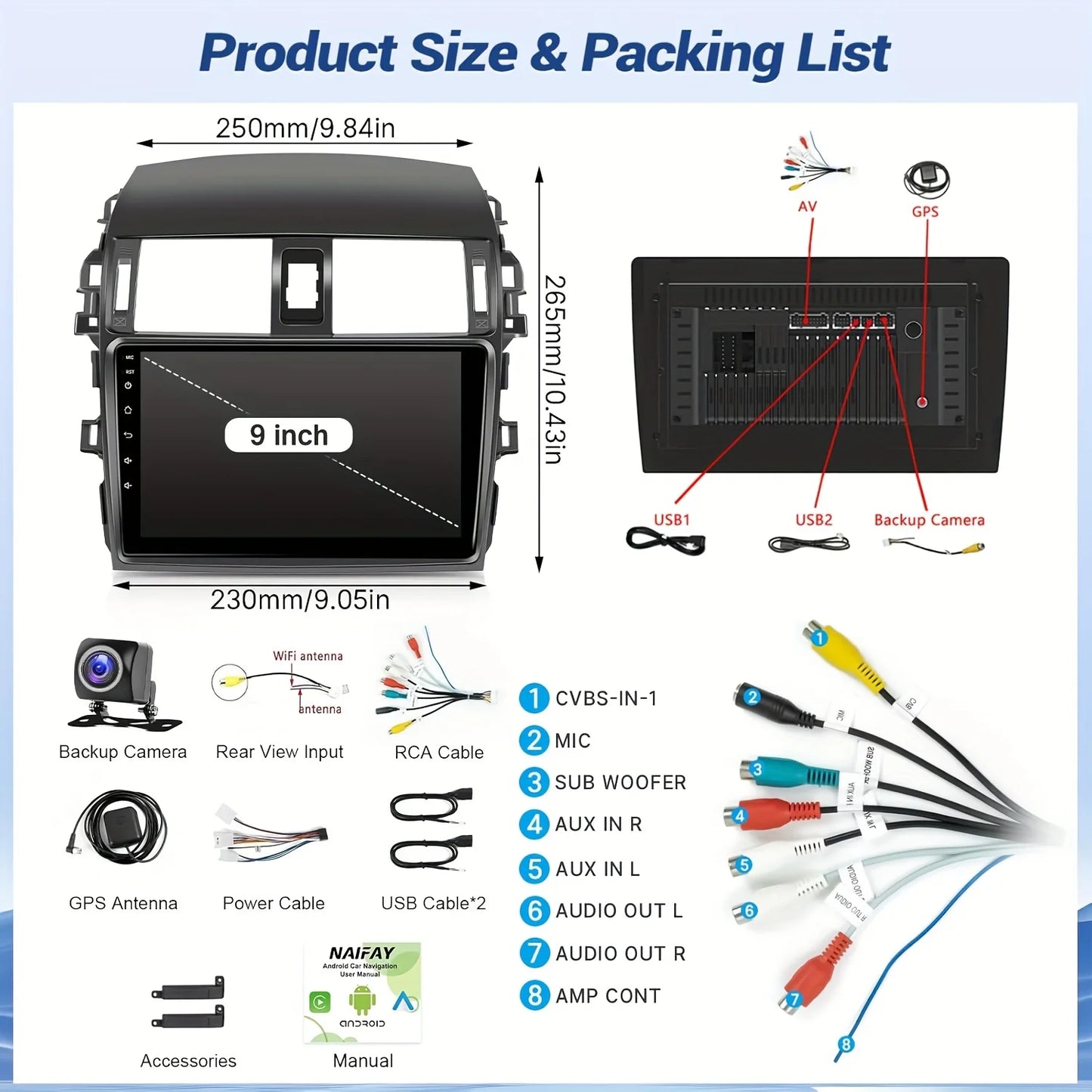 9 inch Wireless Car Radio for Toyota Corolla 2009 2010 2011 2012 2013 Support CarPlay Android Auto, 2+32G Touch Screen Car Stere