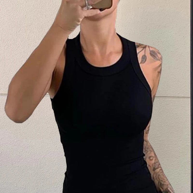 Solid Basic Tank Soft Top For Women Summer Outfits Tight Sexy Round Neck Tank Top Knitted Bottom Shirt Sleeveless Top Outerwear