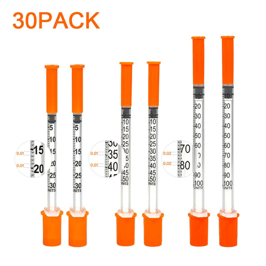 30PACK 0.3ml 0.5ml 1ml Disposable Individually Wrapped Insulin Syringe for Animals,Lab