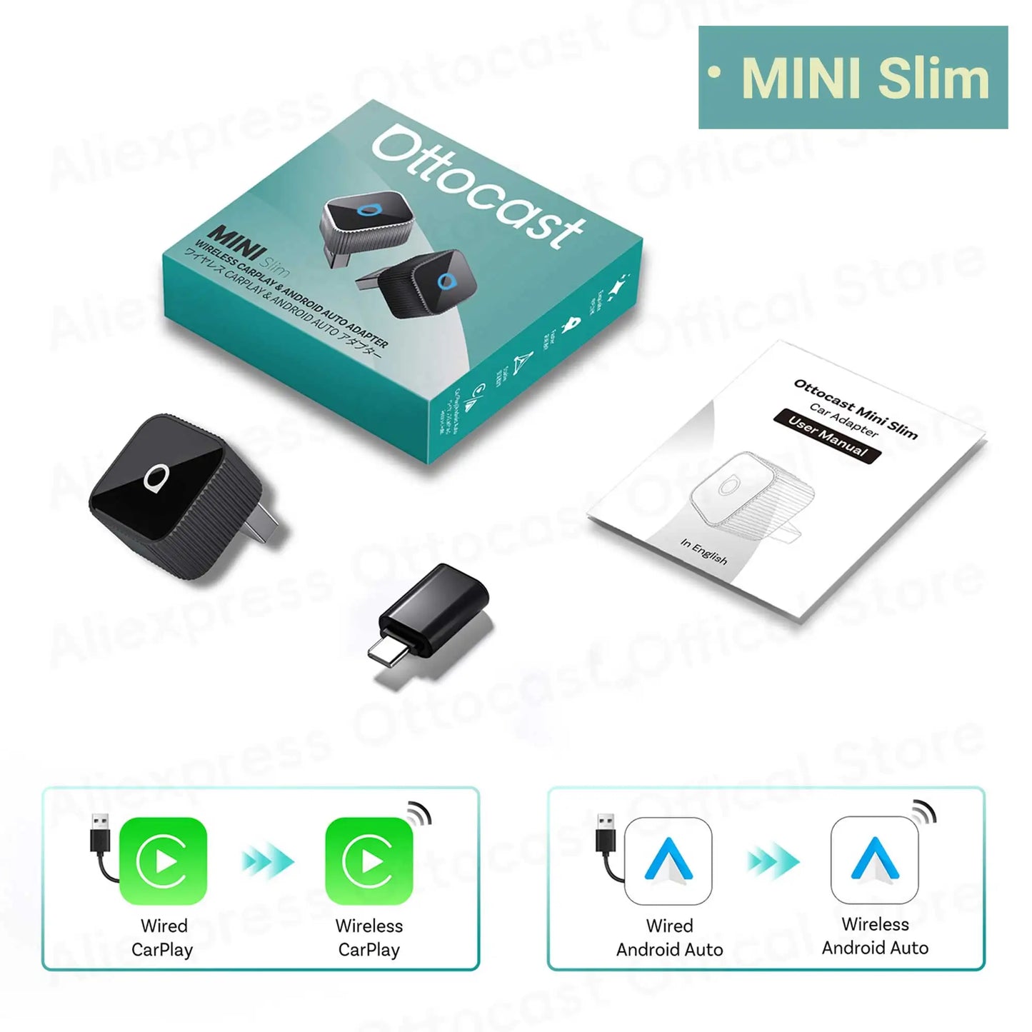 OTTOCAST Mini Slim Cube Wireless CarPlay Android Auto Adapter 2 in 1 USB AI Car Accessories for VW Haval Audi Kia Porsche Lexus