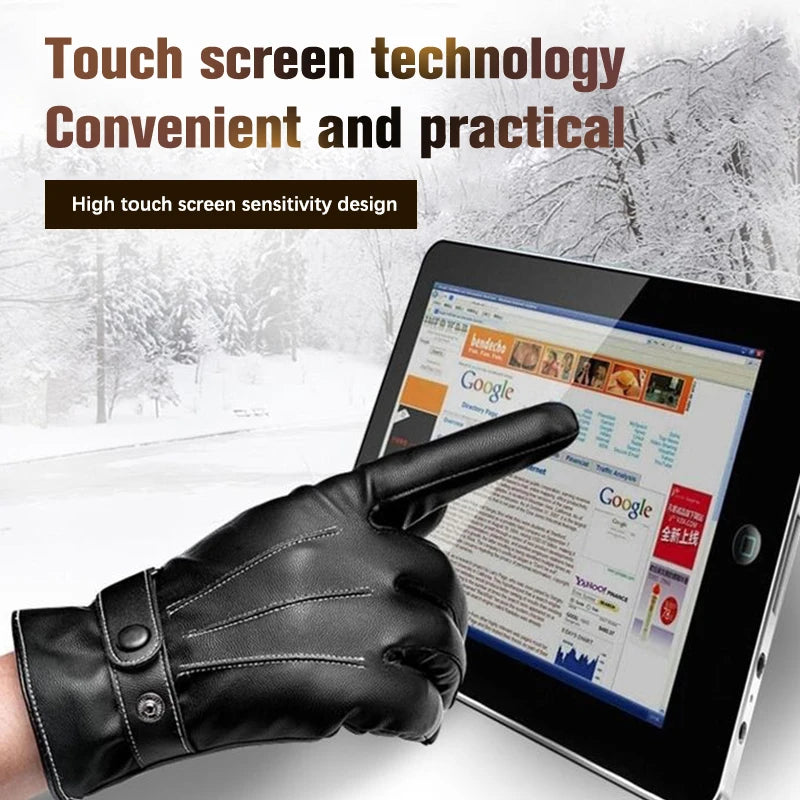 Men's Faux Leather Winter Gloves - Button Cuff Windproof Gloves - photo 5