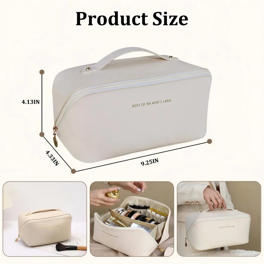 Large Capacity Waterproof Makeup Bag White Portable Spacious Organizer with Compartments Travel Cosmetic Pouch with Handle And Divider