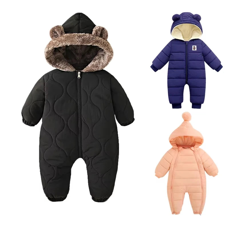 Baby Hooded Puffer Jumpsuit - Thick Plush Winter Romper for Outings