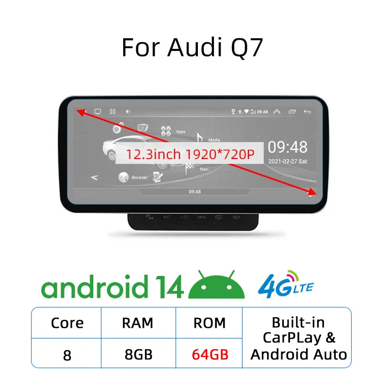 Nunoo Android 14 CarPlay Car Radio Player For Audi A4 A5 A6 Q7 MMI 2G Basic Red Screen GPS Navi Multimedia Stereo WiFi