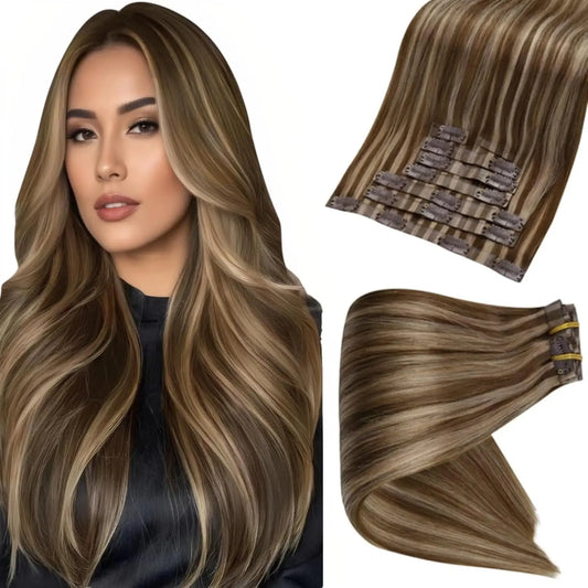 Full Shine Seamless Clip in Hair Extensions Remy Human Hair 8Pcs 120g & 80g Clip In Hair Extensions Human Hair Blonde Skin Weft