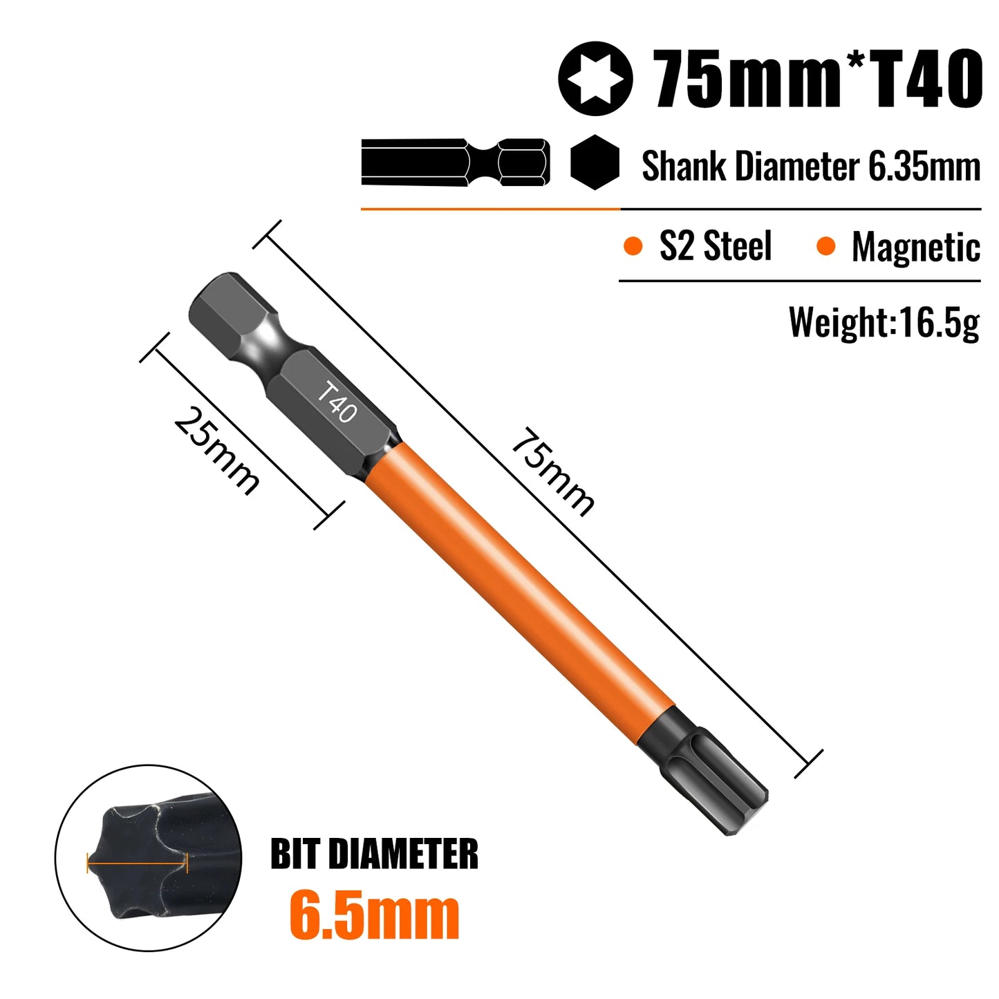 Torx Screwdriver Bits Set Individual Bits T5-T40 75/100/150mm Lengths Strong Magnetism High Hardness S2 Alloy Steel 1/4Hex Shank