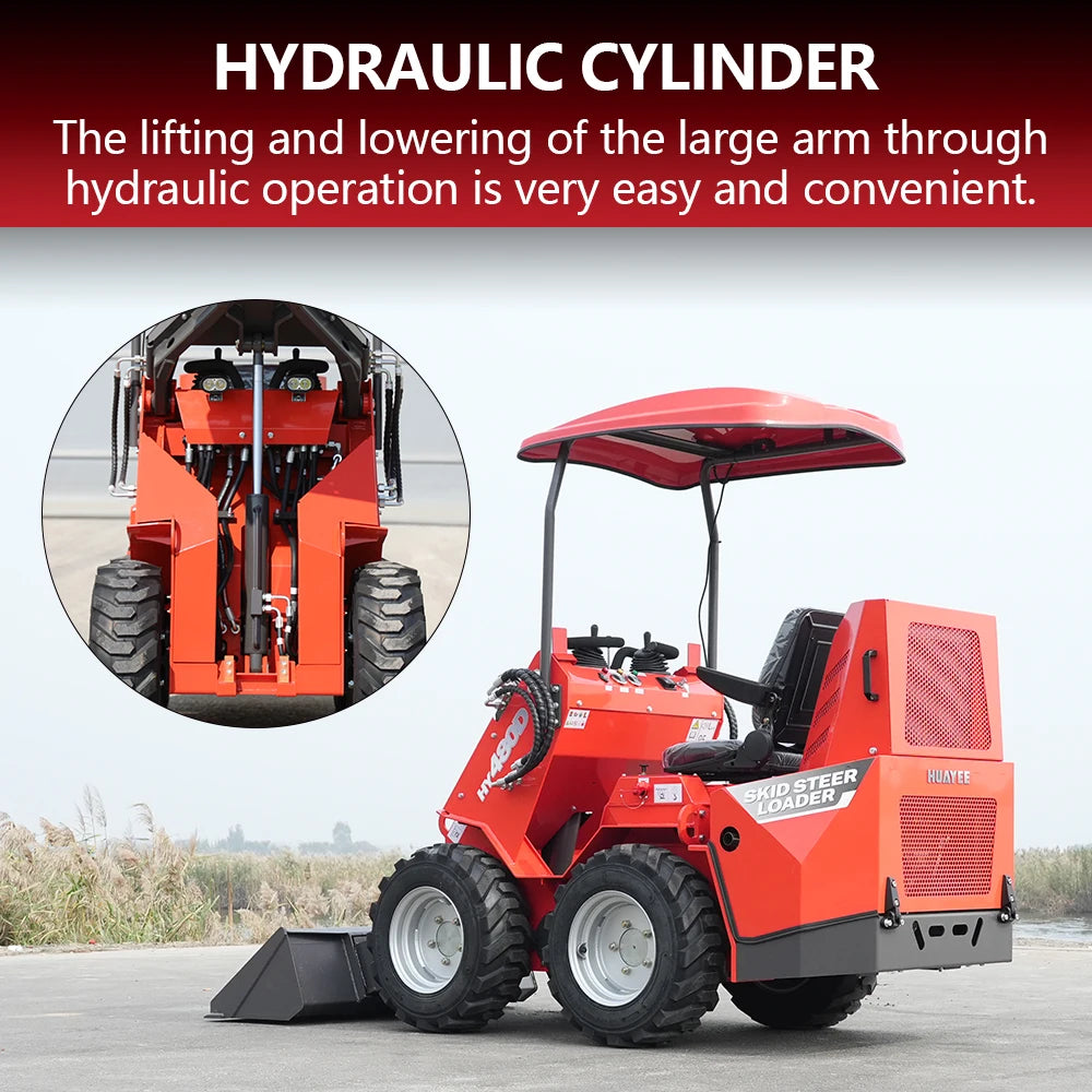 HUAYEE mini skid steer loader is equipped with a 23-horsepower engine and is suitable for construction and landscaping.