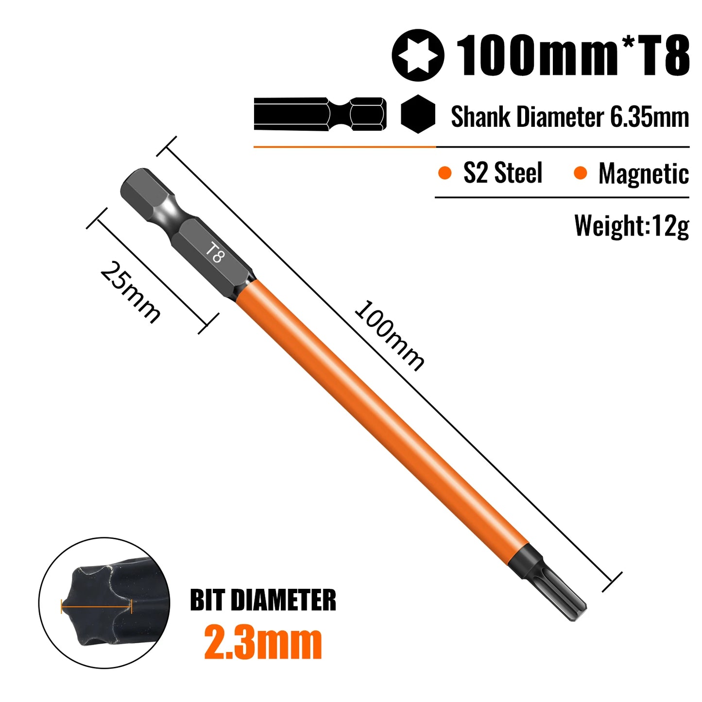 Torx Screwdriver Bits Set Individual Bits T5-T40 75/100/150mm Lengths Strong Magnetism High Hardness S2 Alloy Steel 1/4Hex Shank