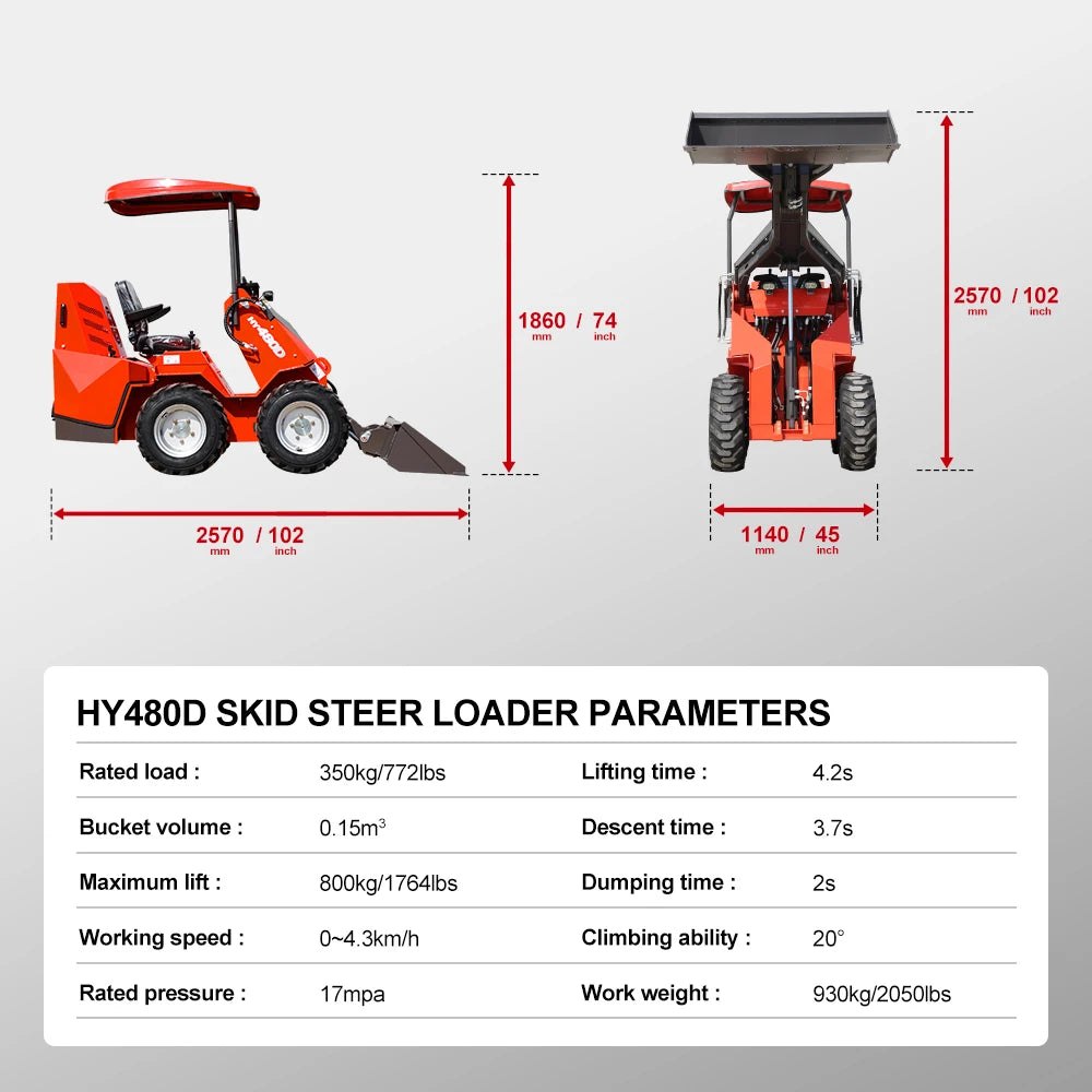 HUAYEE mini skid steer loader is equipped with a 23-horsepower engine and is suitable for construction and landscaping.