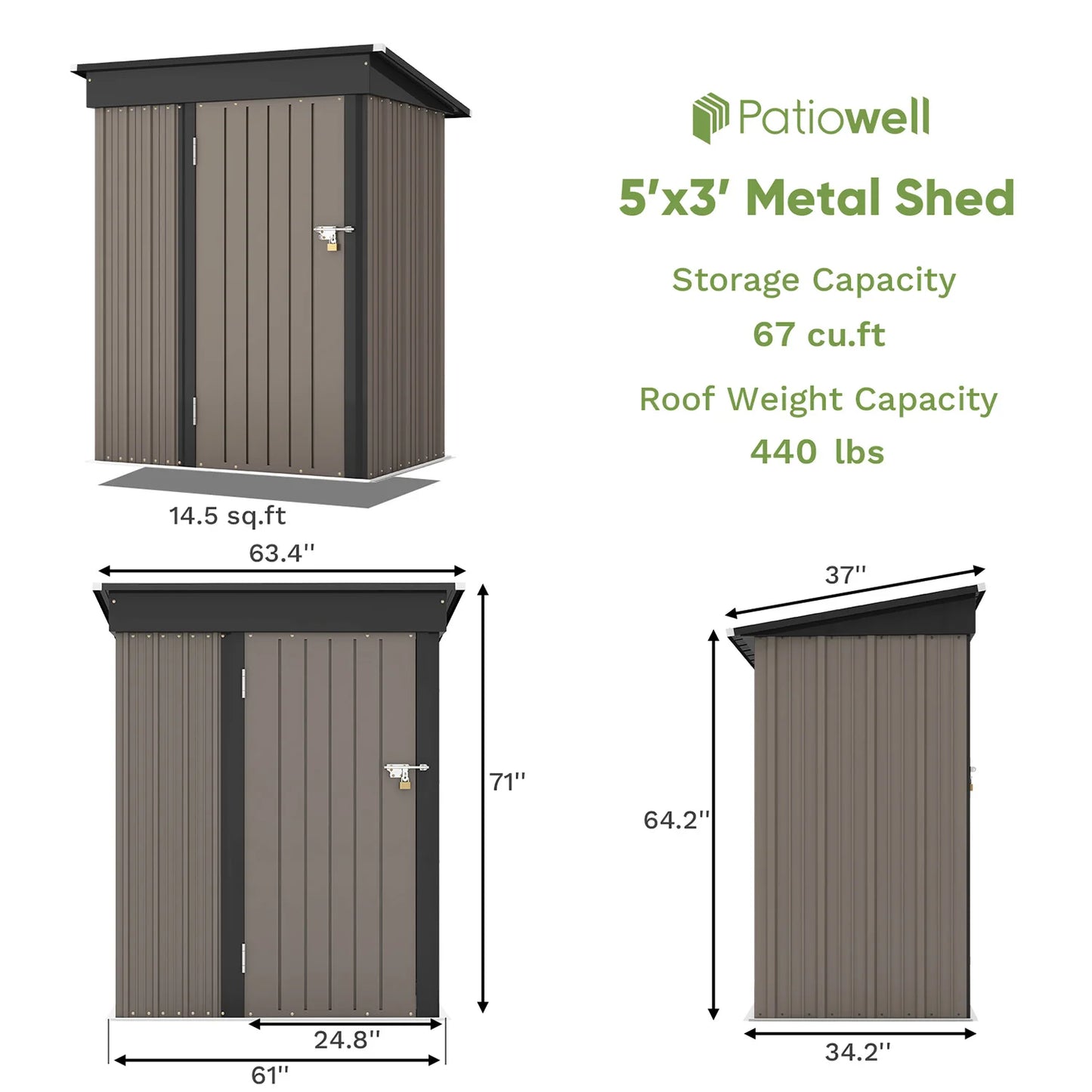 Patiowell 5x3 ft Outdoor Storage Shed – Lockable Metal Tool Shed with Sloping Roof for Backyard