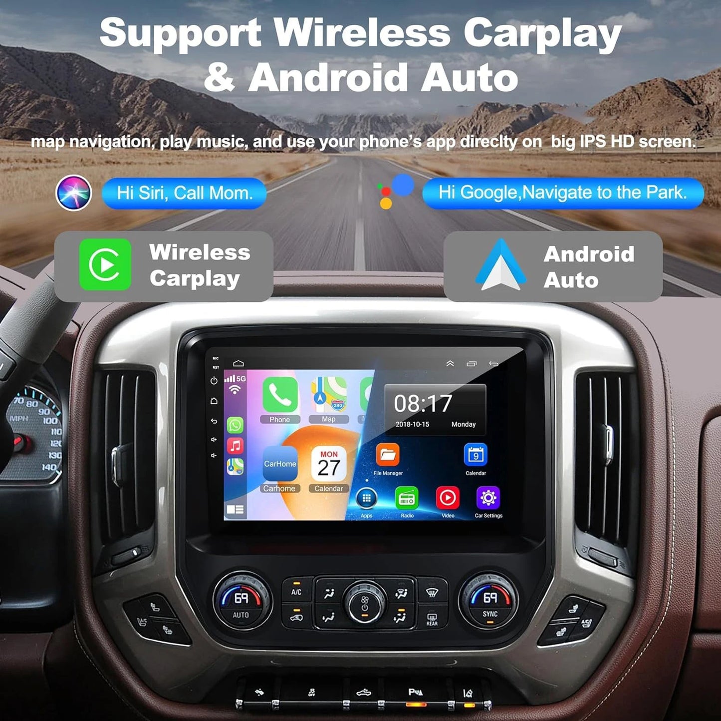 Android Radio for【Chevy Silverado 2014 2015 2016 2017 2018】with 10 inch Touch Screen Wireless Carplay,Android Auto,FM/RDS Radio SWC Online Navigation