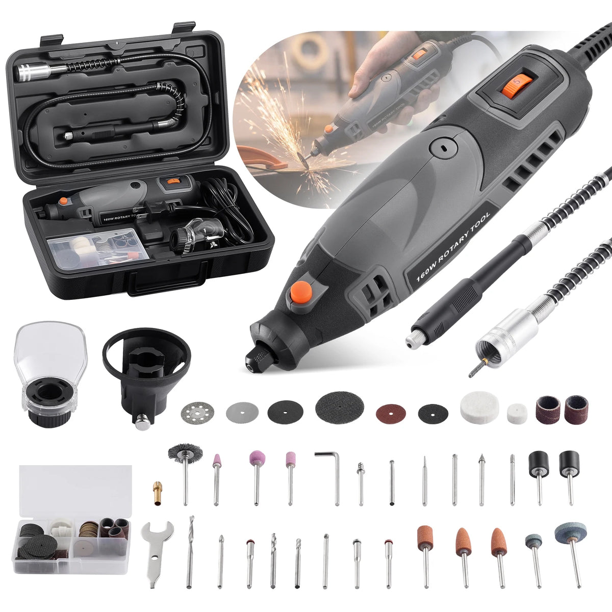 Rotary Tool Kit with Flex Shaft & 160 Accessories, Corded