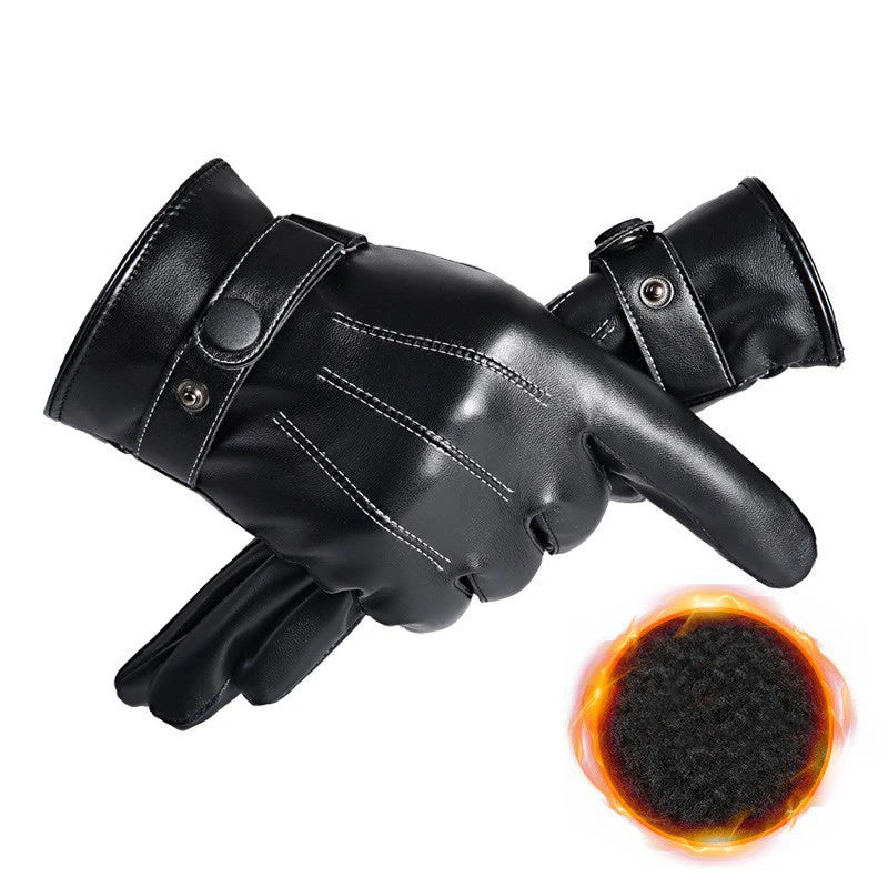 Men's Faux Leather Winter Gloves - Button Cuff Windproof Gloves