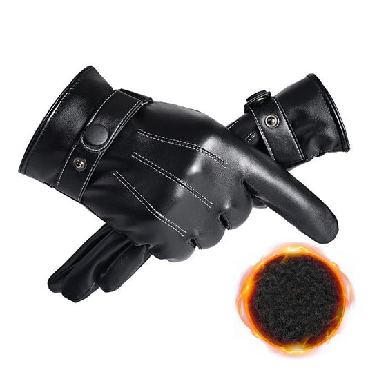 Men's Faux Leather Winter Gloves - Button Cuff Windproof Gloves