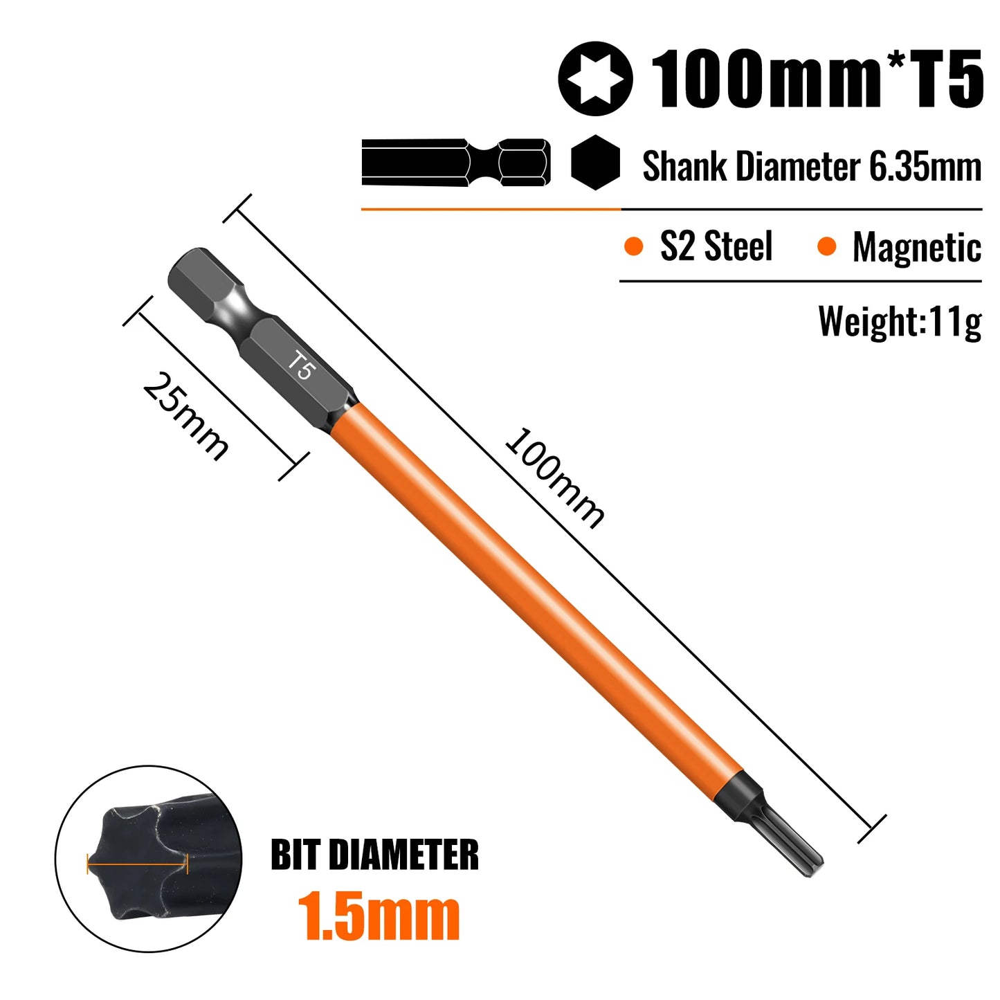 Torx Screwdriver Bits Set Individual Bits T5-T40 75/100/150mm Lengths Strong Magnetism High Hardness S2 Alloy Steel 1/4Hex Shank