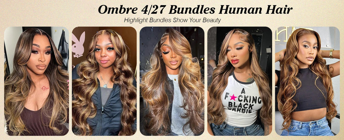 Velvet 40Inch Highlight Ombre Body Wave Bundles Human Hair Colored 4/27 Honey Blonde Brazilian Raw Human Hair Bundles Extensions