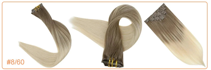 Full Shine Seamless Clip in Human Hair Extensions 8Pcs 100g&80g Pure Color Blond Hair Pu Clip on Remy Extension Skin Weft